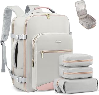 LOVEVOOK 40L Airline Approved Carry-On Travel Backpack for Women & Men - Waterproof TSA Laptop Bag with 3 Packing Cubes, Light Gray-Pink