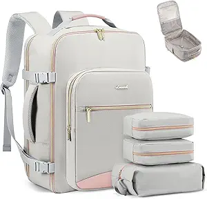 LOVEVOOK Travel Backpack for Women & Men 40L,Airline Approved Carry On Backpack Travel Essentials,TSA Carry on Luggage,Waterproof Personal Item Travel Bag,Suitcase with 3 Packing Cubes,Light gray-Pink