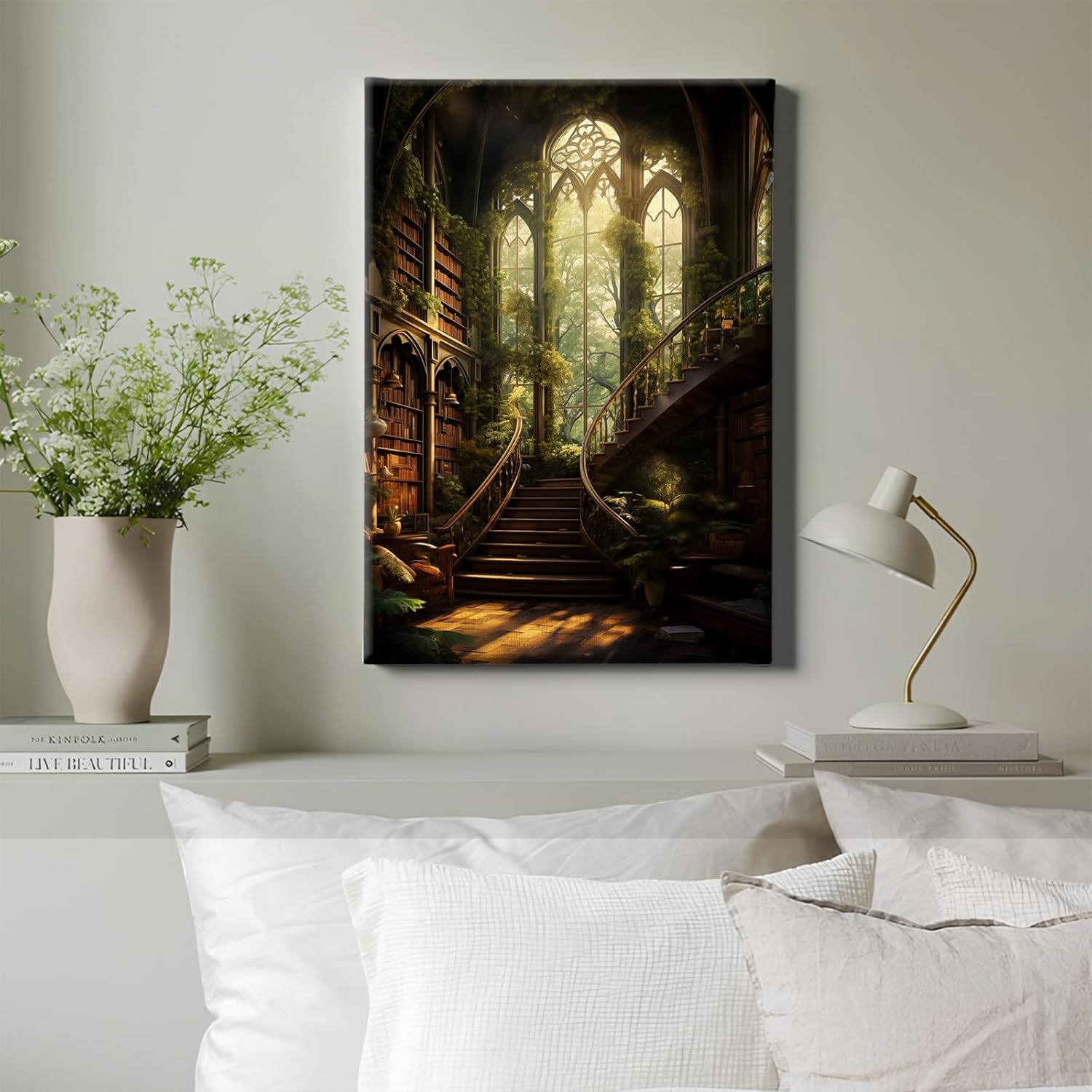 Vintage Library Picture Gothic Victorian Painting Dark Academia Artwork Medieval Castle Poster Abandoned Libraries Canvas Wall Art Moody Gothic Prints Dark Castle Painting for Living Room16x24in Framed
