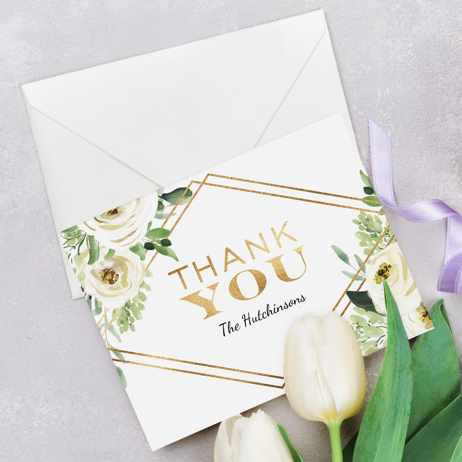 Faux Gold White Floral Personalized Thank You Cards / 100 Modern Custom Thanks Note Cards With White Envelopes / 4 1/4" x 5 1/2" Bulk Generic Wedding Anniversary Appreciation Greeting Cards