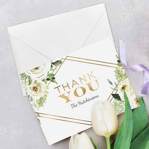 Miniatura 4 de Tarjetas de agradecimiento personalizadas de color dorado sintético 100 modernas tarjetas de felicitación de novia personalizadas con sobres blancos