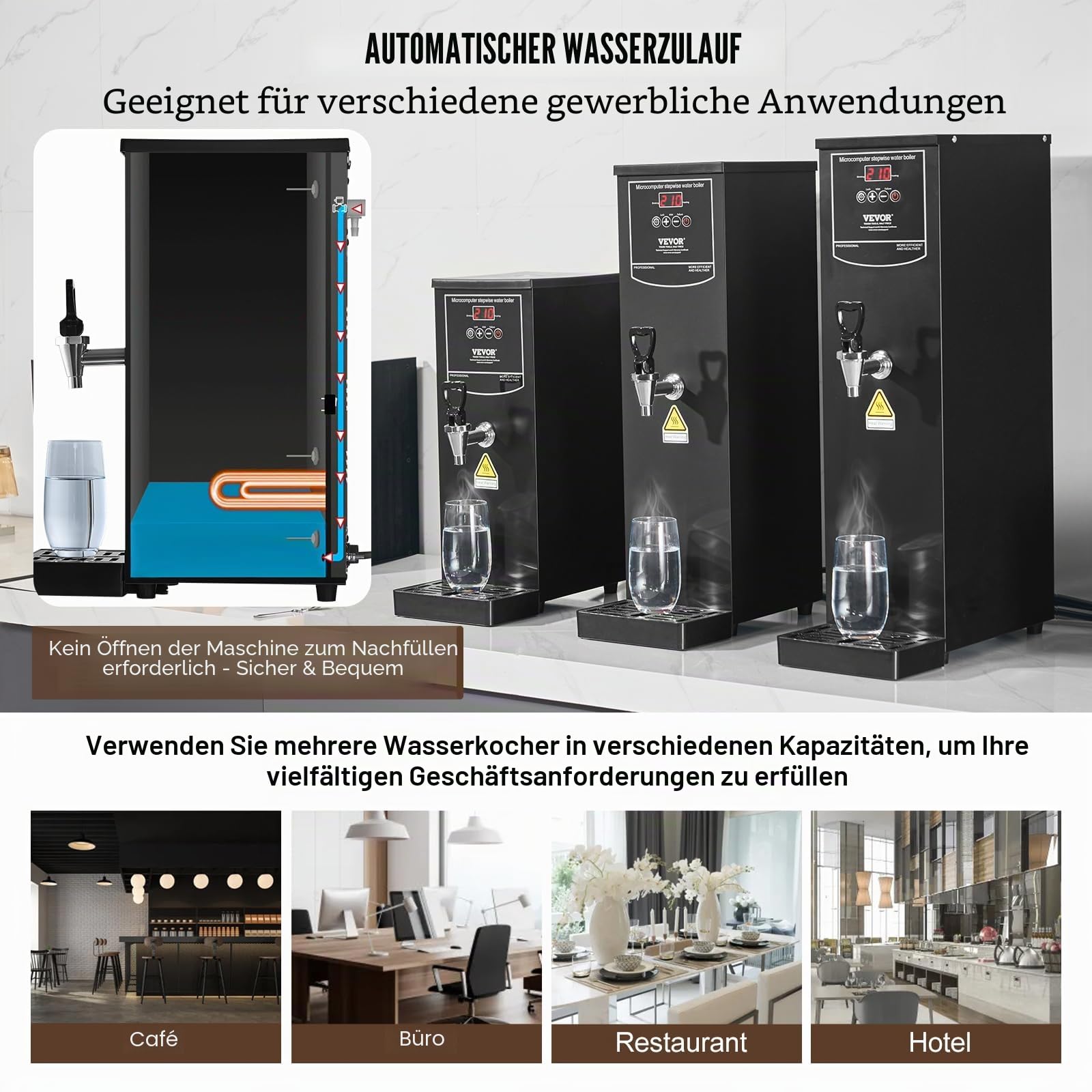 VEVOR Gewerblicher Heißwasserspender 10 L, 1,5 kW Wasserkocher Elektrisch mit Heizrohr aus Edelstahl 316, Stufenweise Schnellaufheizung 50 L/h Heißwasserbereiter für Cafés Teestuben Restaurants Büros