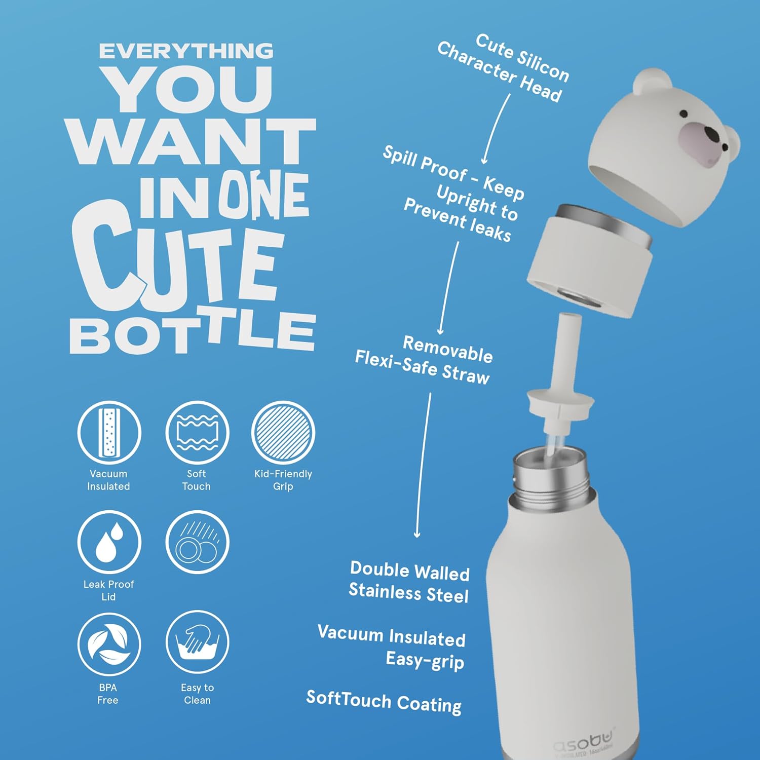 asobu Bestie Bottle Insulated Stainless Steel Water Bottle with Detachable Soft Animal Head Fun Drinking For Kids and Teens with Flexible Reusable Straw 16 Ounce (Bear) - Image 3