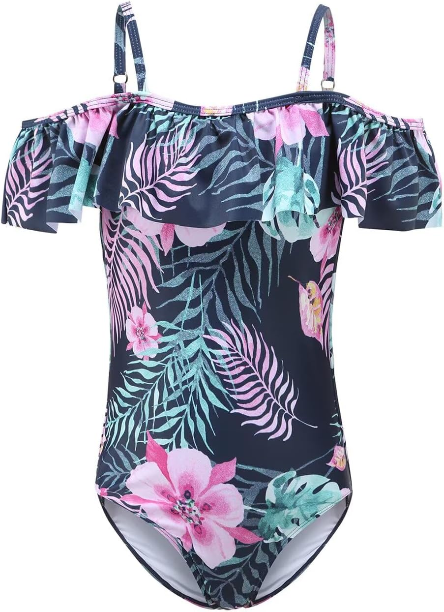Moon Tree Girls One Piece Swimsuits Off Shoulder Bathing Suit for Kids Summer Ruffler Swimwear 3-16 Years