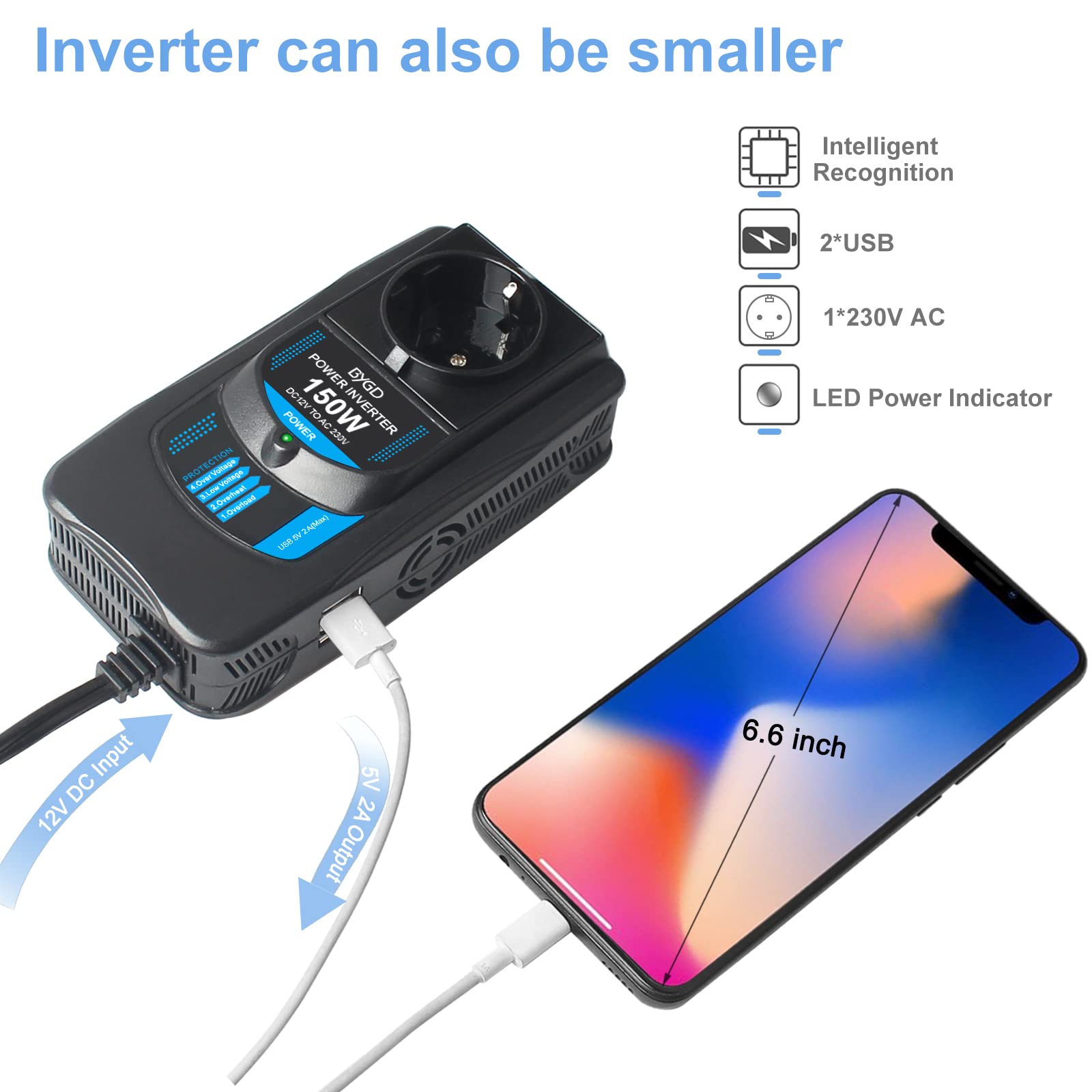 Inverter di Potenza per Auto 150W, Convertitore da 12V DC a 230V AC con 2 Porte 2A USB, Convertitore di Potenza Adattatore,Adatto Per Ricaricare Telefoni Cellulari, Computer Portatili, Ipad E Psp