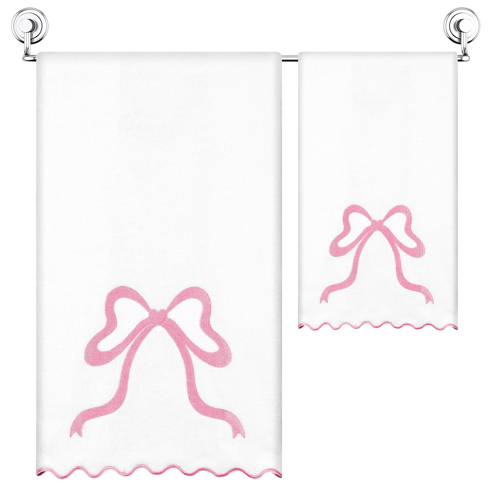 Fanfanwin Set of 2 Pink Bow Bath Towels Set Coquette Scalloped Embroidered Hand Towel 100% Cotton Cute Preppy Decor for Bathroom Shower Supplies