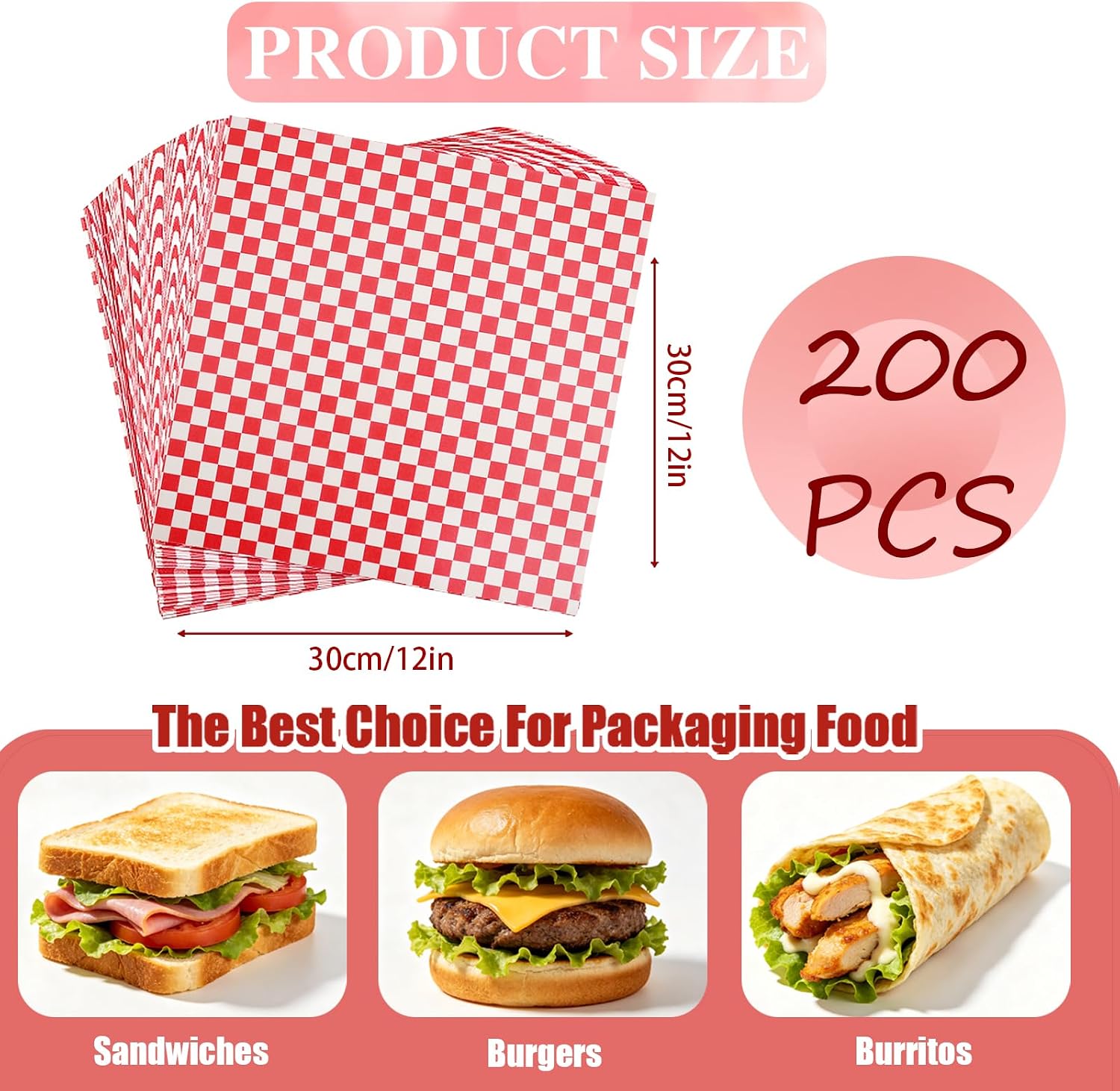 200 Pcs Wax Paper Sheets for Food, 12x12 Inch Checkered Deli Paper for Burgers
