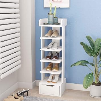 TITISKIN Vertical Shoe Rack, Wooden Shoe Storage Stand with Drawers, Modern 6-Tier Shoe Rack Organizer for Small Space, Saving Space Freestanding Shoe Rack Cabinet for Closets Entryway, White