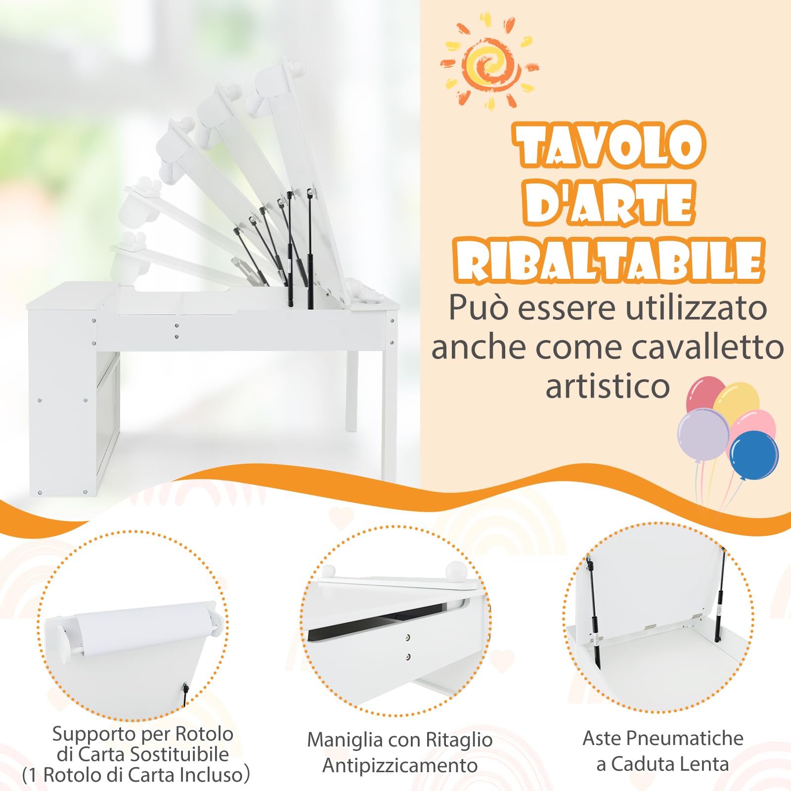 RELAX4LIFE Tavolo D'arte per Bambini con 2 Sedie, Legno, Piano Sollevabile, 6 Cassetti, 4 Tazze Pittura