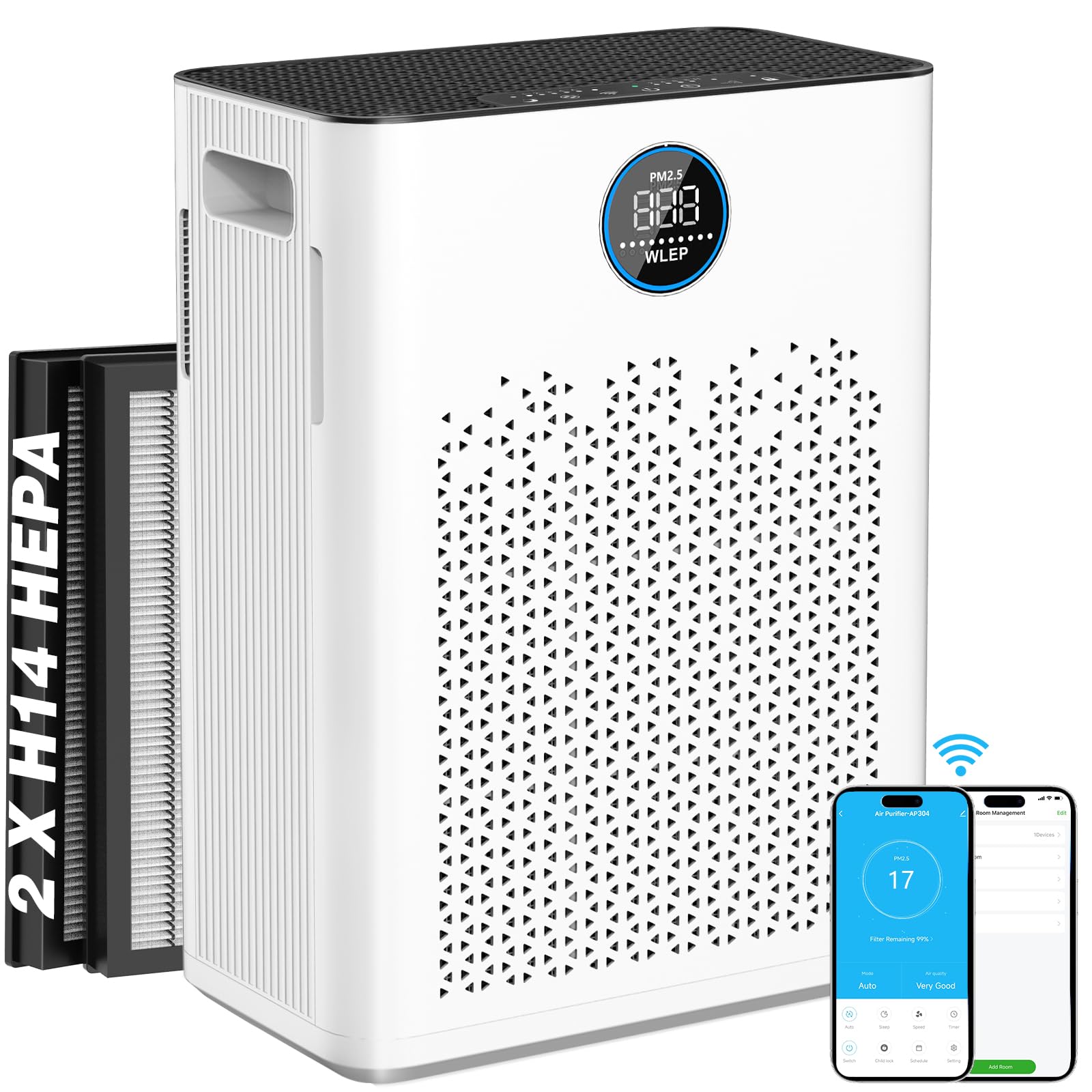 Luftreiniger mit App & Alexa, H14 HEPA Aktivkohlefilter, Smart Luftreiniger für Allergiker, gegen Pollen, Staub, Tierhaare & Gerüche, leiser Schlafmodus, Auto-Modus für Schlafzimmer & Wohnung