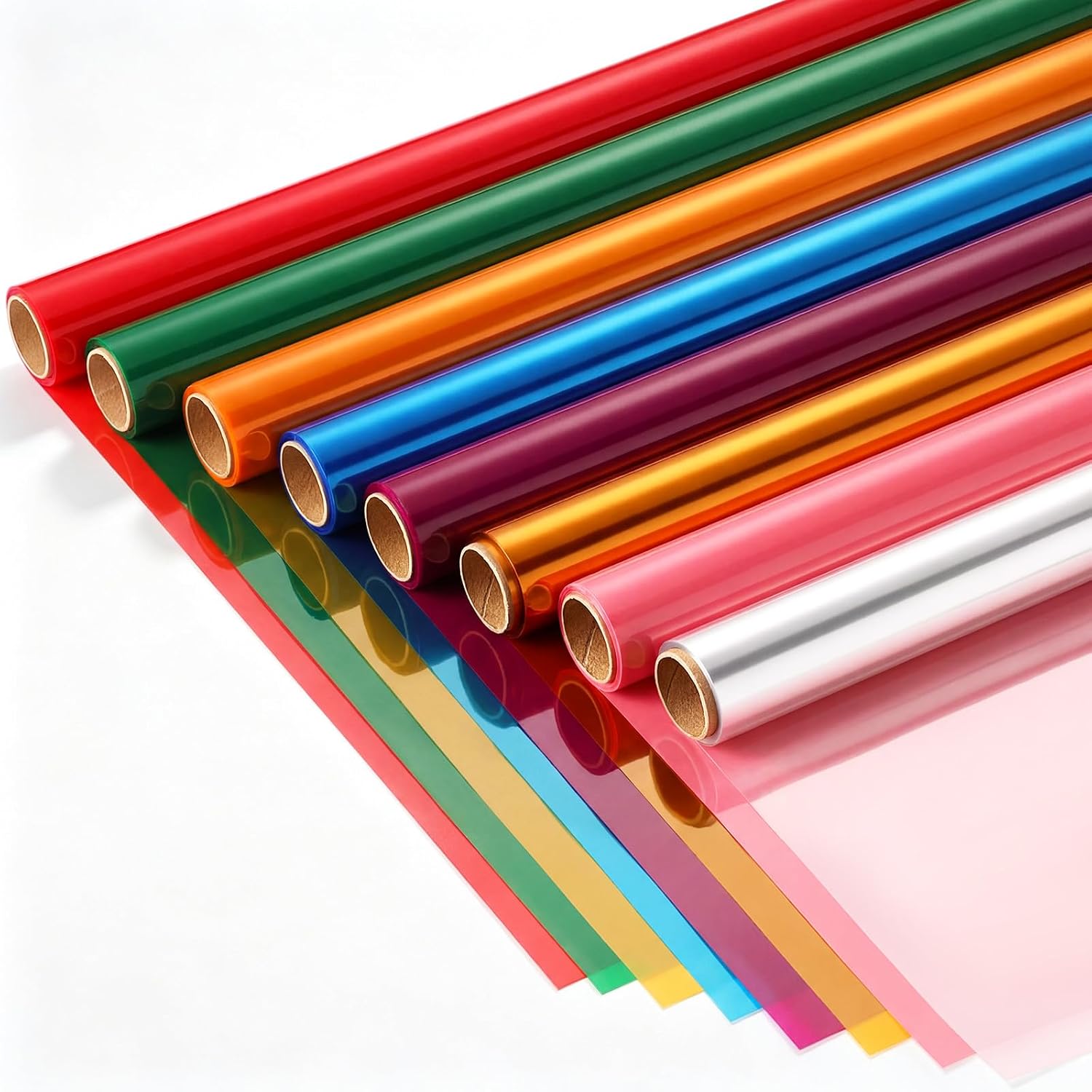 FunooFuno 8 Rolls Colored Cellophane Wrap Extra Wide, 34 in x 20 ft Transparent Cellophane Paper Roll for Gift Basket, Cookies, Candy, Flower Bouquet, Soap Packaging (Colorful)