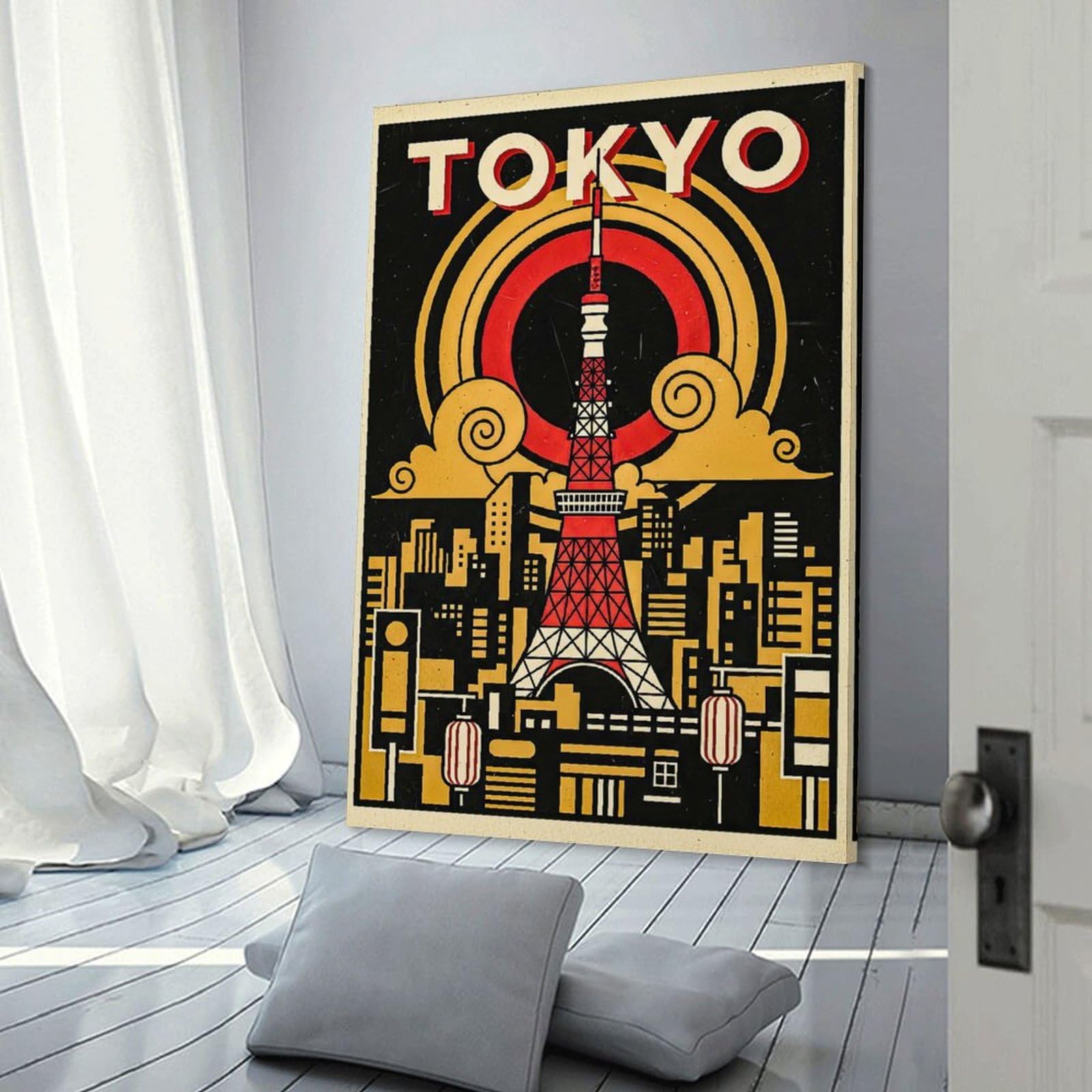 Canvas Wall Picture Tokyo Tower Cityscape Vintage, 24x36inch(60x90cm), for Study, Office Or Focused Interiors, Wall Art That Adds Style to Work Areas