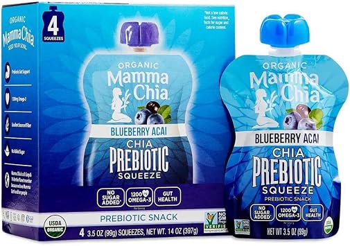 Mamma Chia Organic Prebiotic Squeeze Snack, Blueberry Acai, Fiber-Rich Prebiotic Gut Support,USDA Organic, Non-GMO, Vegan, Gluten Free, 3.5 Ounce Pack of 4