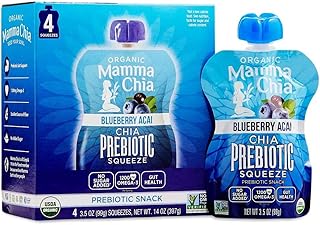Mamma Chia Organic Prebiotic Squeeze Snack, Blueberry Acai, Fiber-Rich Prebiotic Gut Support,USDA Organic, Non-GMO, Vegan, Gluten Free, 3.5 Ounce (Pack of 4)