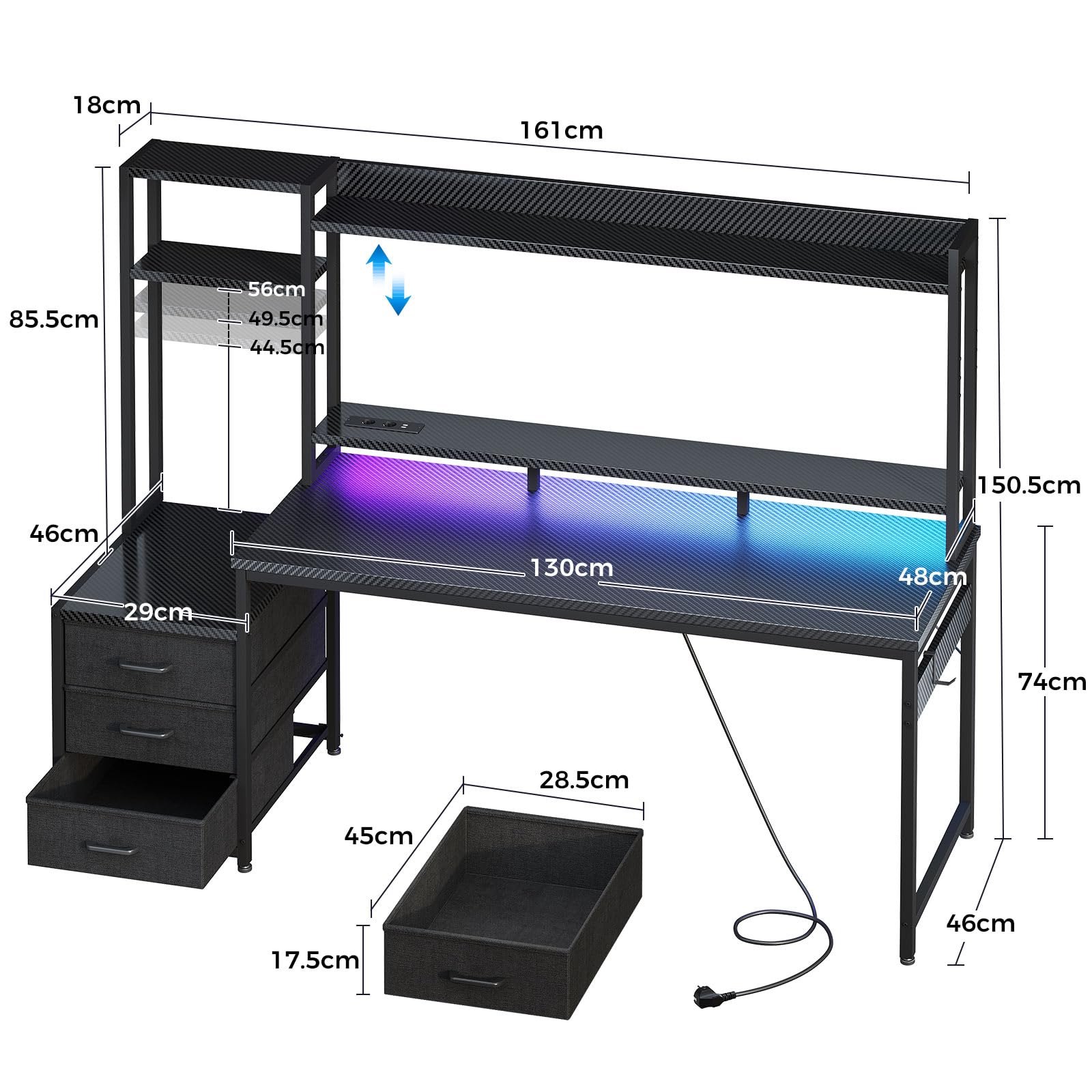 Coleshome Scrivania Gaming con Libreria e Cassetti, Tavolo Gaming con Illuminazione LED & Presa di Corrente, Scrivania Computer con Ripiani di Archiviazione (Nero Fibra di Carbonio, 161×48 cm)