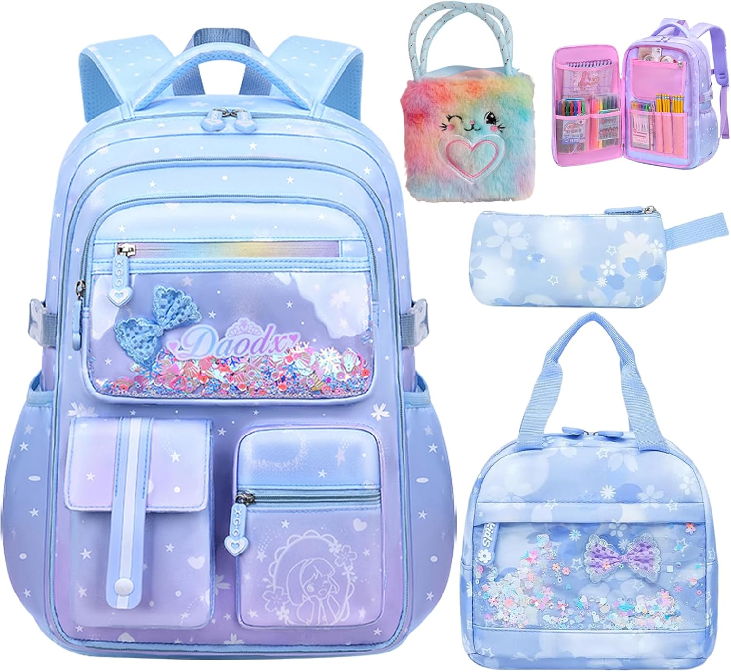 5PCS Kids Backpack Set Cute School Backpack for Girls Kawaii Teen Schoolbag Multi-pocket Laptop Bag, Large Capacity Double Shoulder Backpack 16.5in Dreamy Daypack for Primary Elementary School, Blue