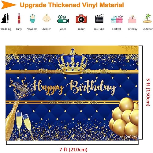 Miniatura 5 de InMemory Telón de fondo de cumpleaños azul real y dorado para hombres, corona dorada, globos de champán, fondo de feliz cumpleaños, para niños y