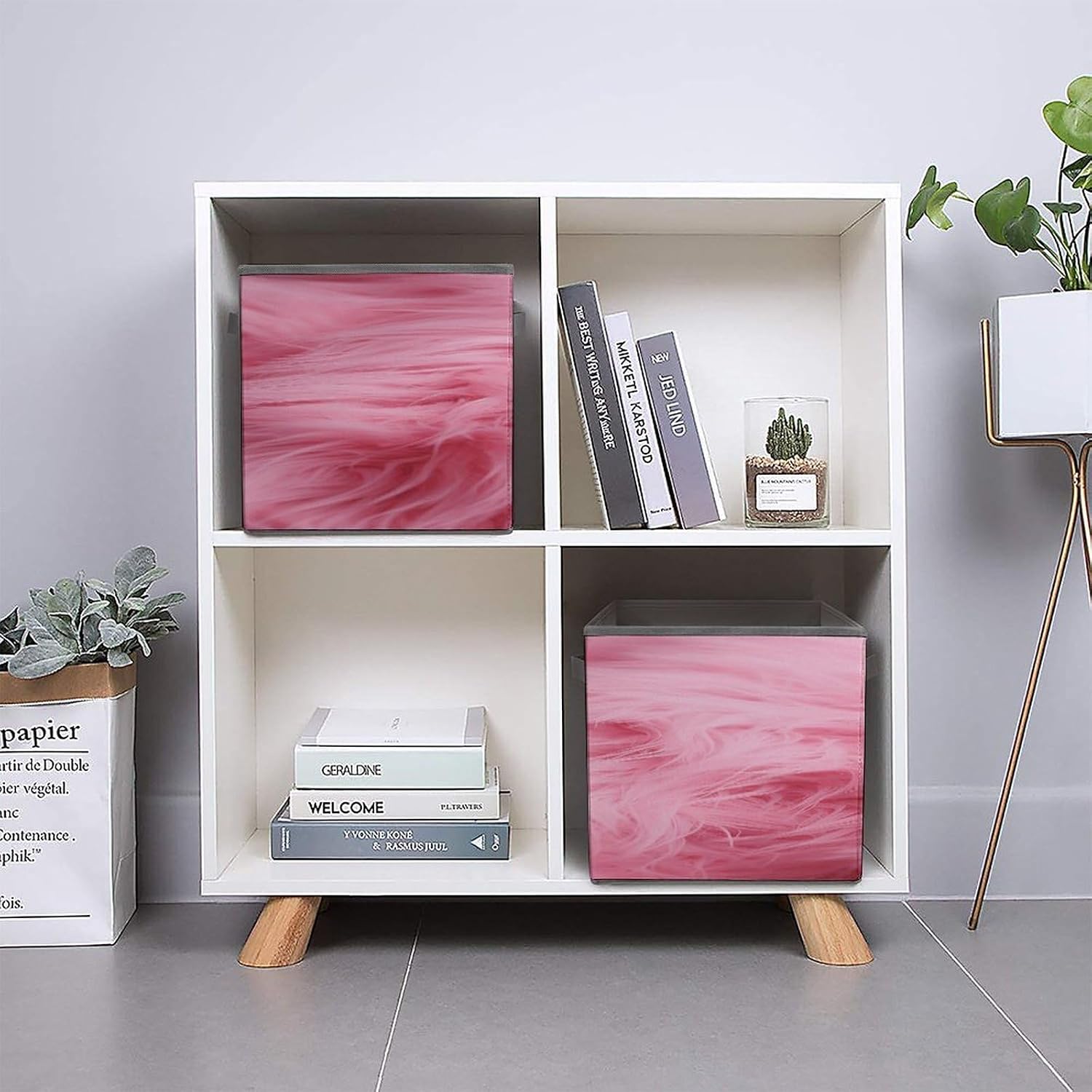 Pink Fluffy Fur Pattern Fabric Bins Storage Basket Square Baskets | Storage Bin with Double Handles,Cube Collapsible Organizers for Organization,Closet,Shelves,Offices