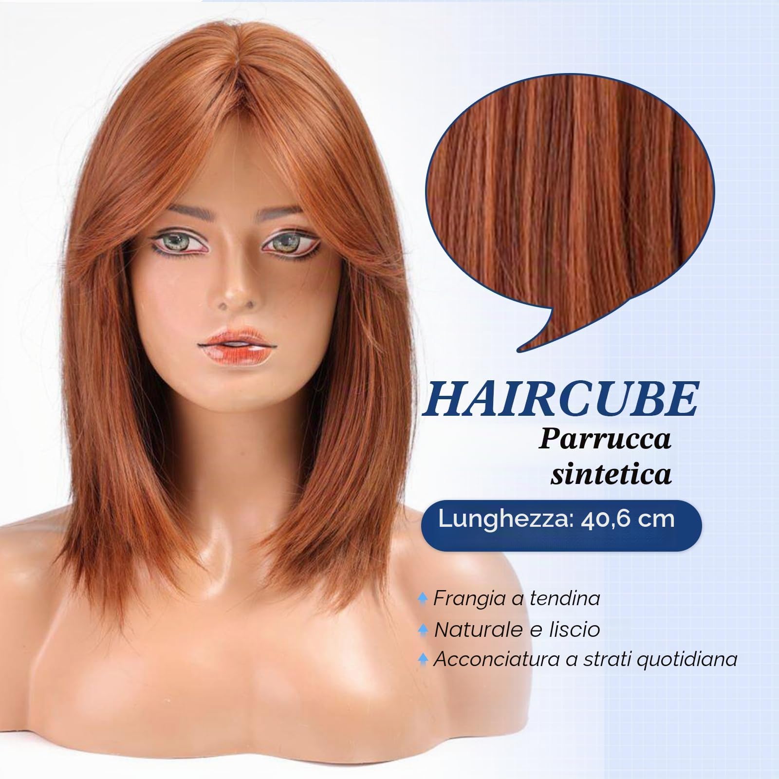 HAIRCUBE Parrucca Donna 16 Pollici Auburn con Tenda Bangs Sintetica Onda per Uso Giornaliero e Cosplay