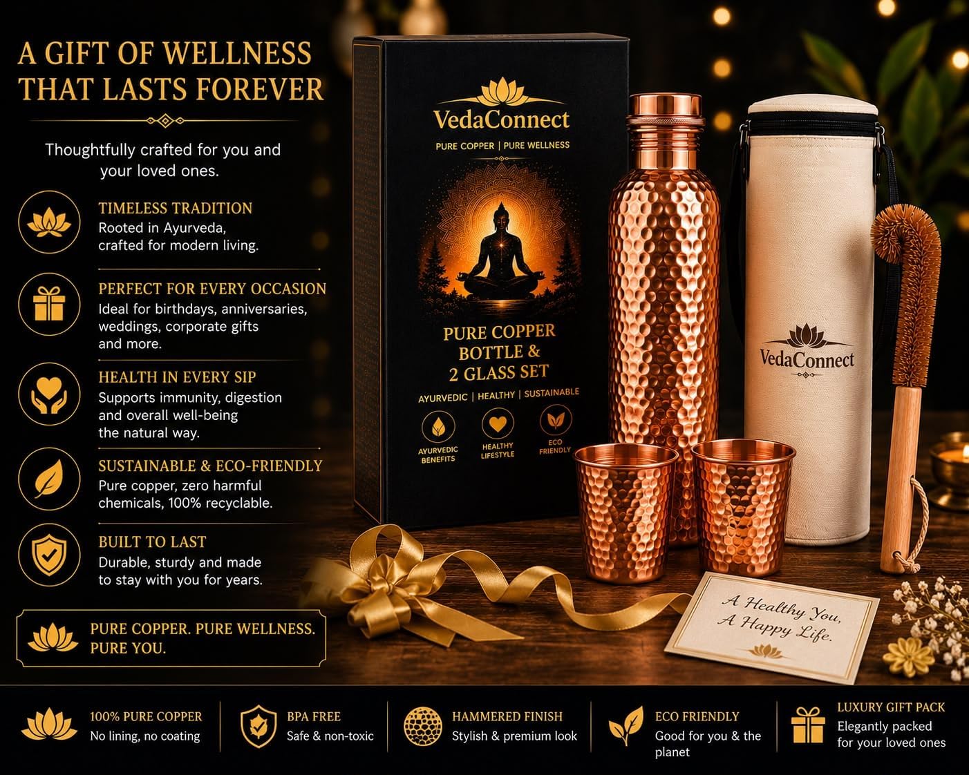 Hammered Copper Water Bottle 34 oz with Zip Bag, 2 Glasses & Cleaning Brush – 100% Pure, Leakproof Lid, Handmade Ayurvedic Drinkware, Premium Gift Box image 2