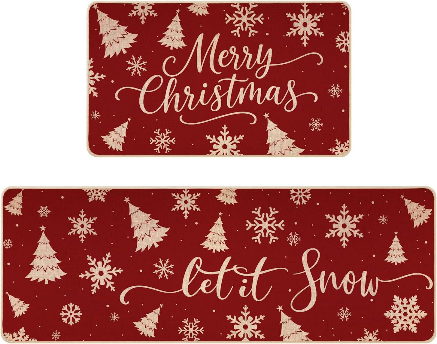 Siilues Christmas Kitchen Mats Set of 2, Non-Slip Red Let It Snow Christmas Tree Kitchen Rugs for Floor Seasonal Winter Home Decor Low-Profile - 17x29 and 17x47 Inch (Red 02)