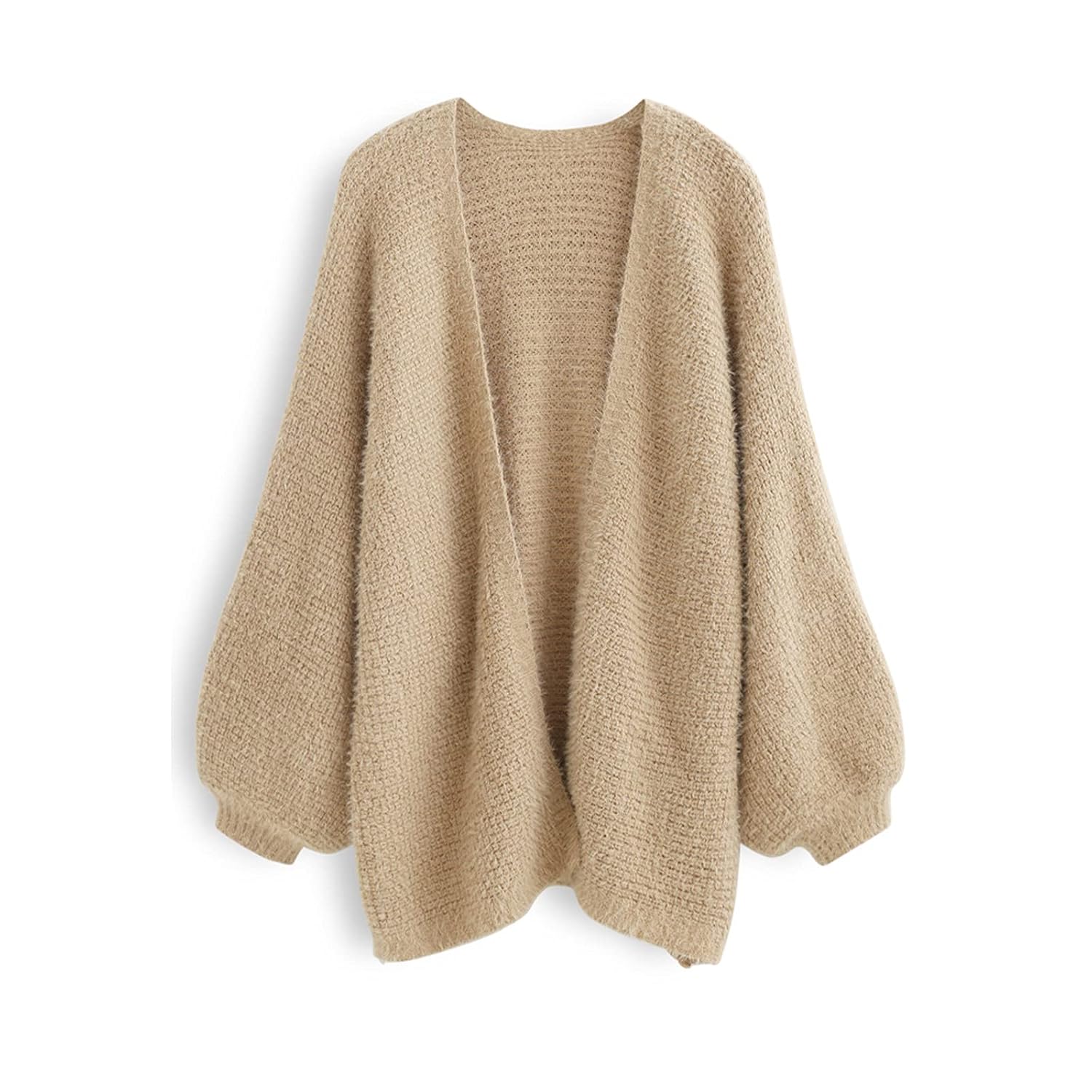 CHICWISH Women Fuzzy Open Front Waffle Knit Cardigan Long Lantern Sleeve Oversize Classy Cozy Cardigan Sweater Tan Pink