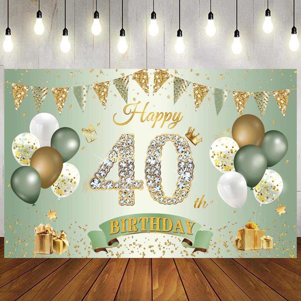 Happy 40th Birthday Banner Sage Green Gold, 1.1 x 1.8 m Happy Birthday Backdrop Banner 40th birthday Decorations for Women Men, 40 Years Old BIRTHDAY Anniversary Party Supplies