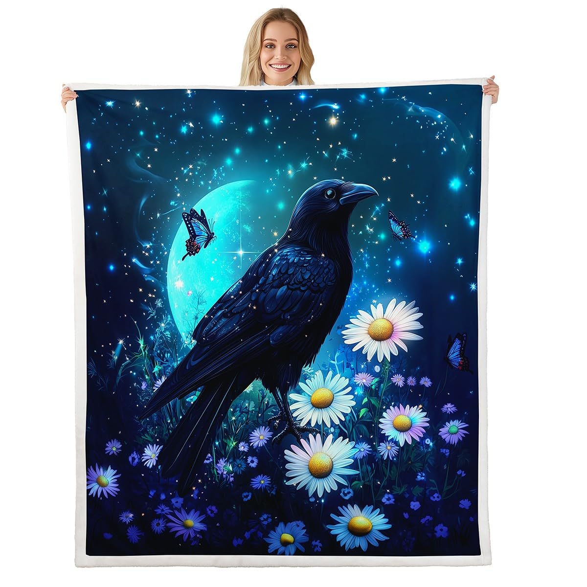 Erosebridal Raven Fleece Blanket Throw Size, Halloween Crow Sherpa Blanket for Kids Boys Girls Teens Adult, Galaxy Starry Sky Throw Blanket Rustic