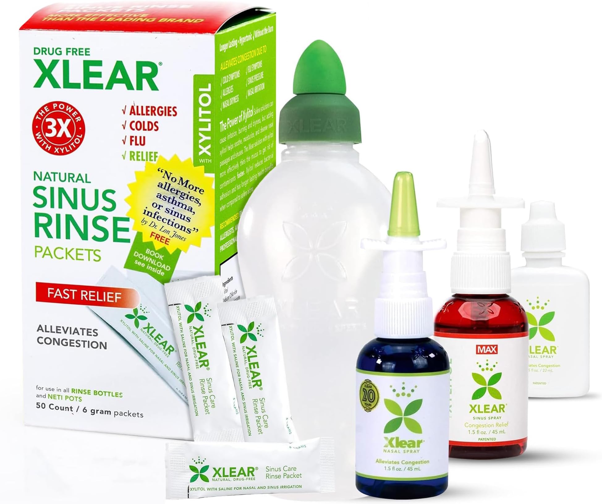 Xlear Allergy Relief Kit, All Day Allergy Rescue Kit Including Xlear Nasal Spray with Xylitol, Xlear MAX Nasal Spray, Xlear Nasal Rinse Neti Pot and 50 Refill Packets