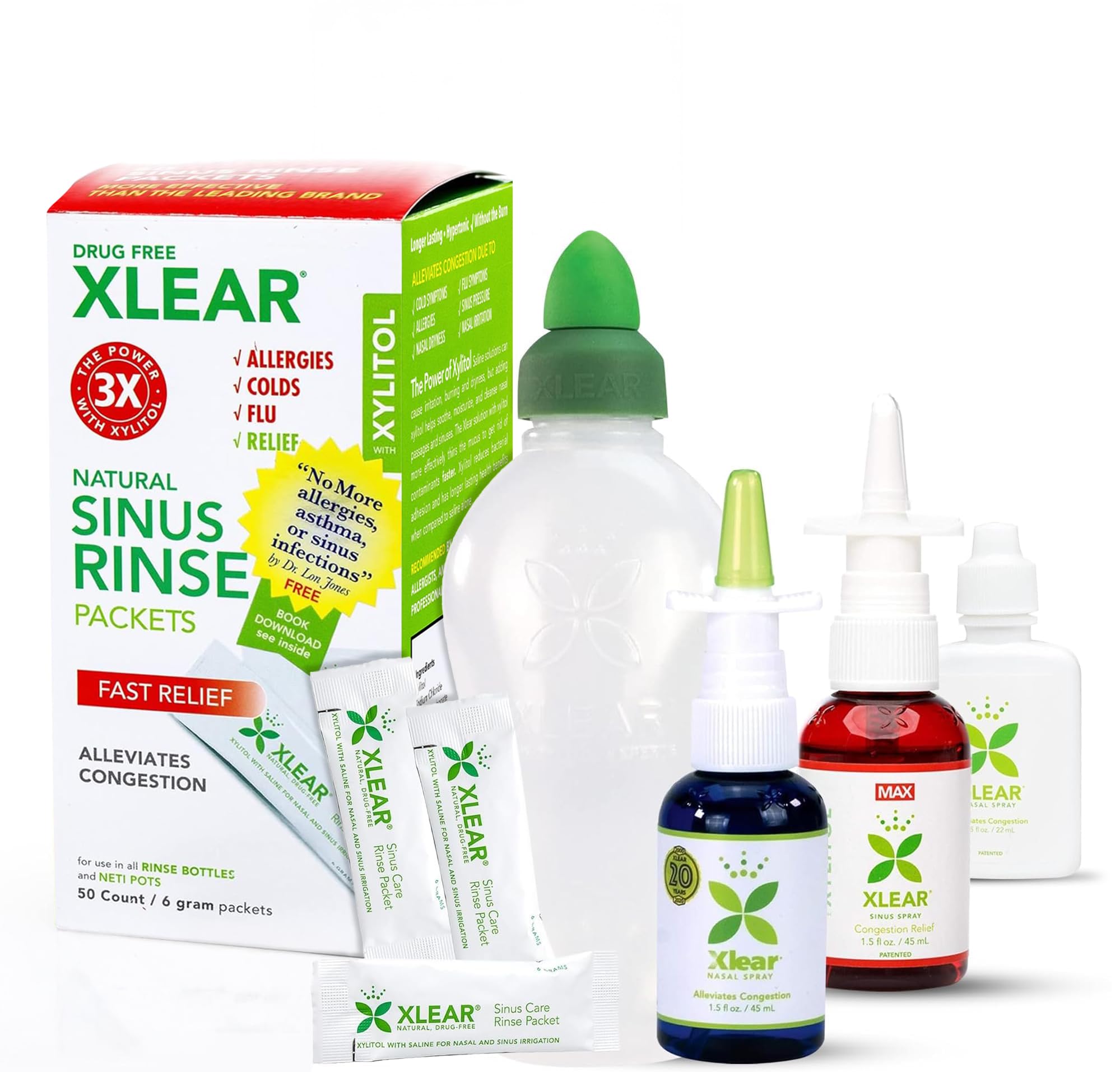 Xlear Allergy Relief Kit, All Day Allergy Rescue Kit Including Xlear Nasal Spray with Xylitol, Xlear MAX Nasal Spray, Xlear Nasal Rinse Neti Pot and 50 Refill Packets
