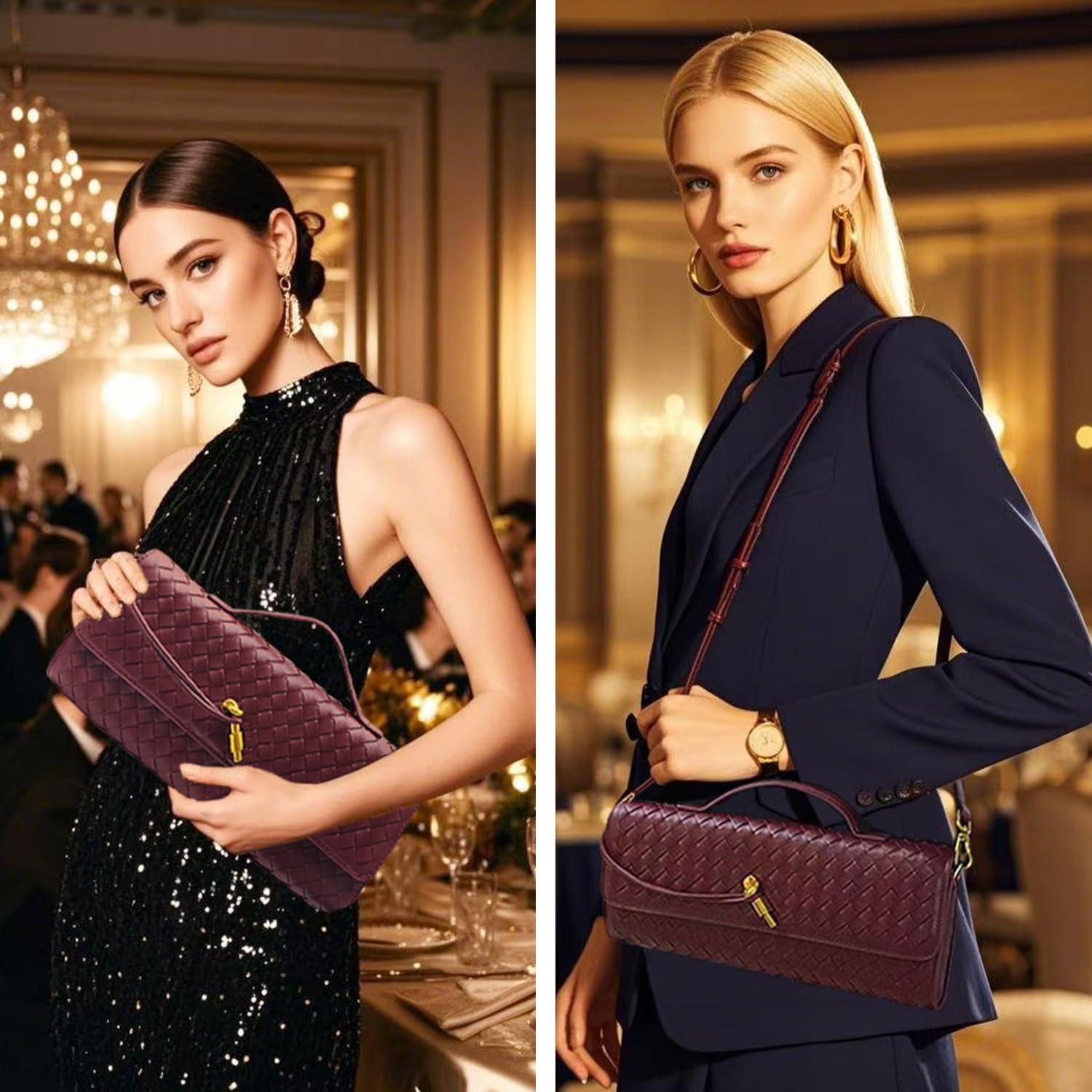 Formal Clutch Purses for Women Evening Woven Leather Large Clutch for Weddings & Parties Convertible Top Handle Bag