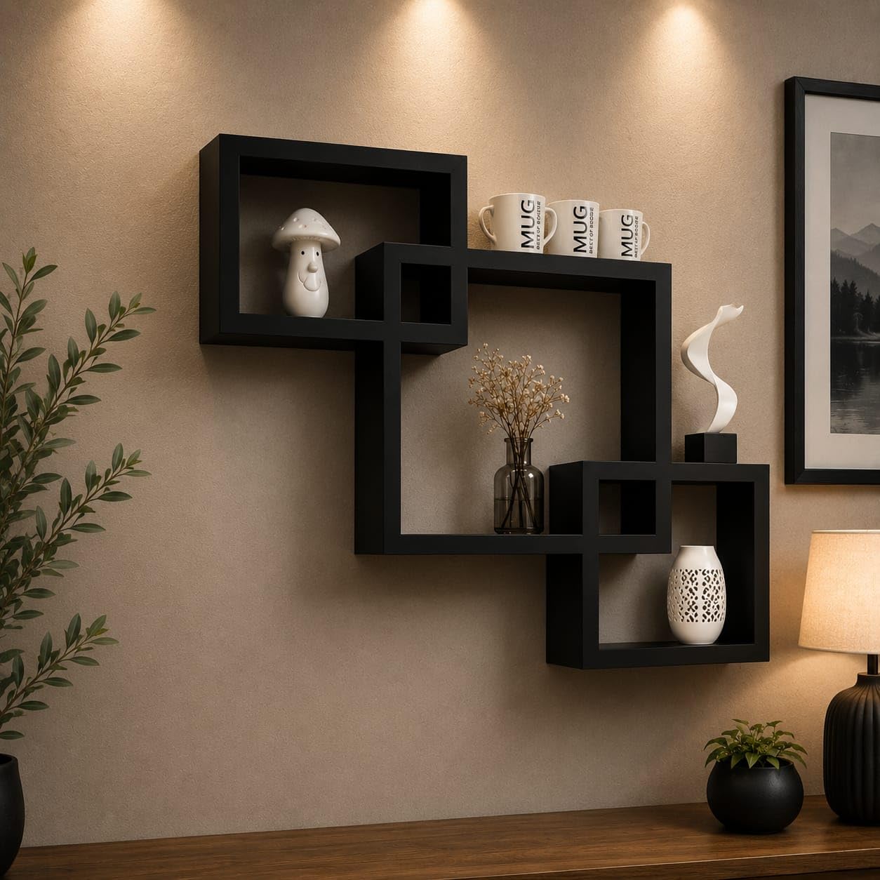 Floating Wall Mounted Display Shelf | Decorative Storage Rack for Bedroom, Office, Hallway & Home Décor | Engineered Wood (Black)-image-26