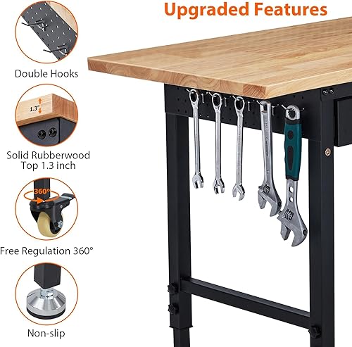 Miniatura 7 de Banco de trabajo ajustable y resistente, banco de trabajo rodante de 2200 libras, parte superior de madera de goma con tomas de corriente, tablero