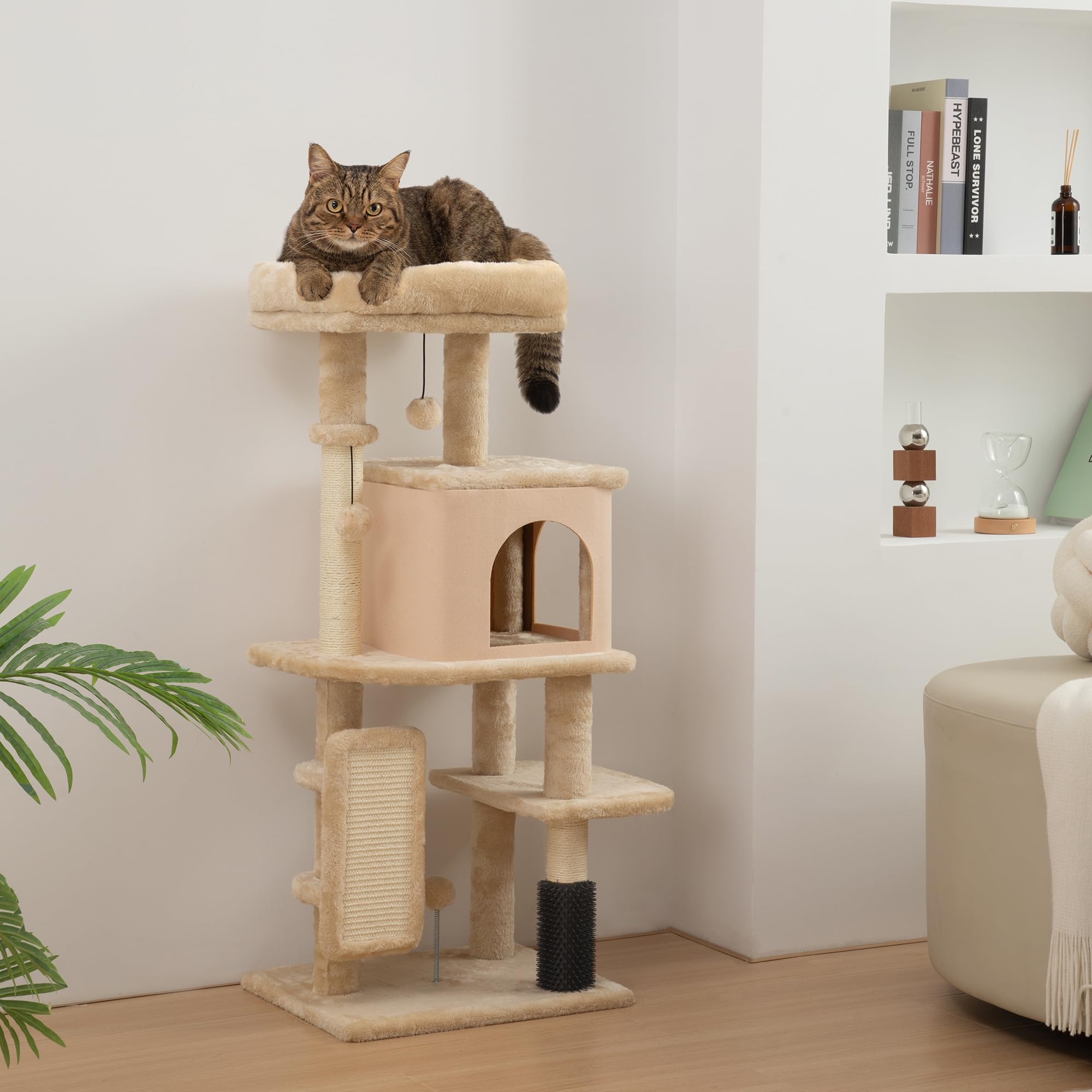 PawHut Árbol Rascador para Gatos - Altura 104 cm con Plataformas, Bolas Colgantes y Almohadilla para Rascar - Beige