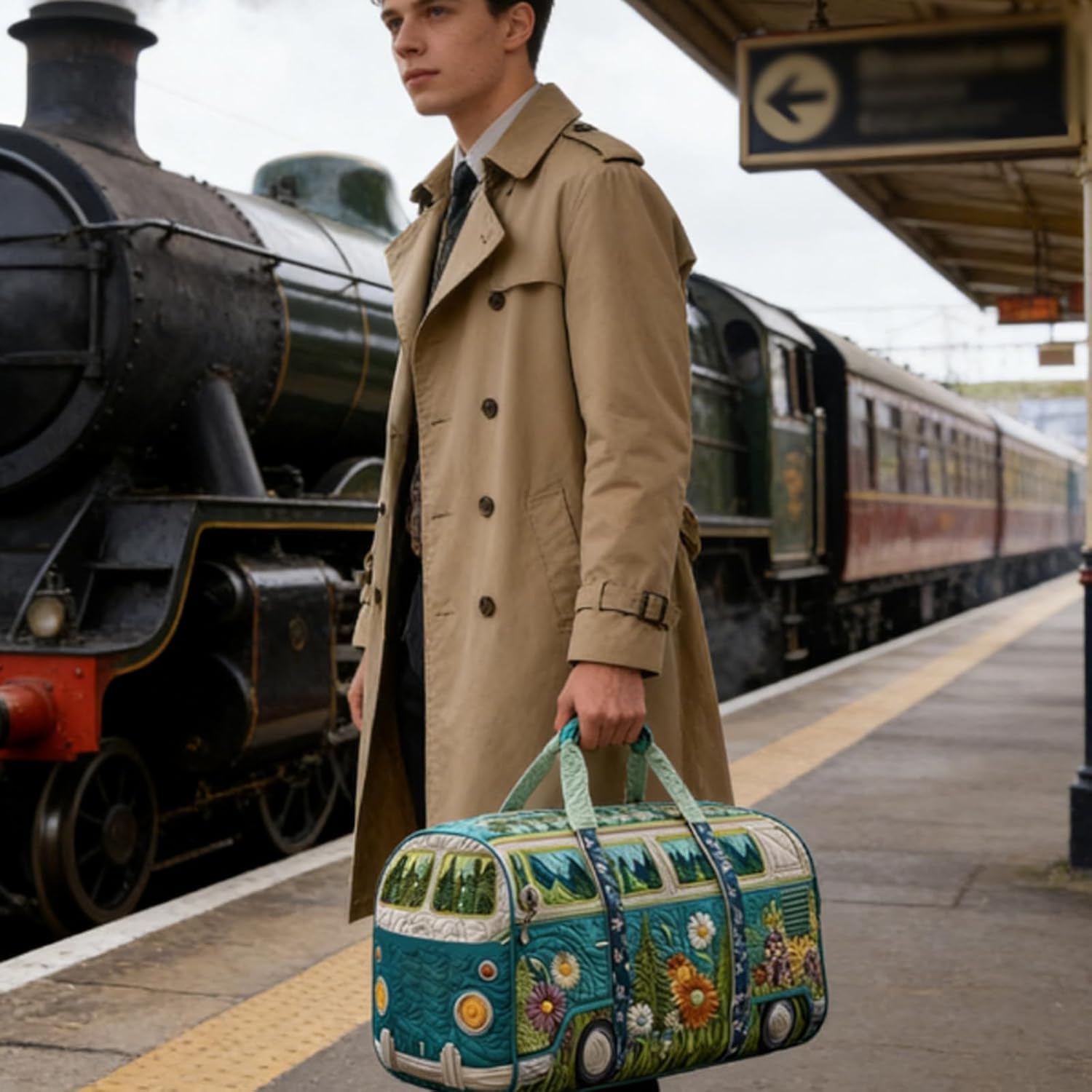 Hippie Van Quilted Duffle Bag, Boho Travel Weekender Bag with Strap, Retro Style for Everyday Travel