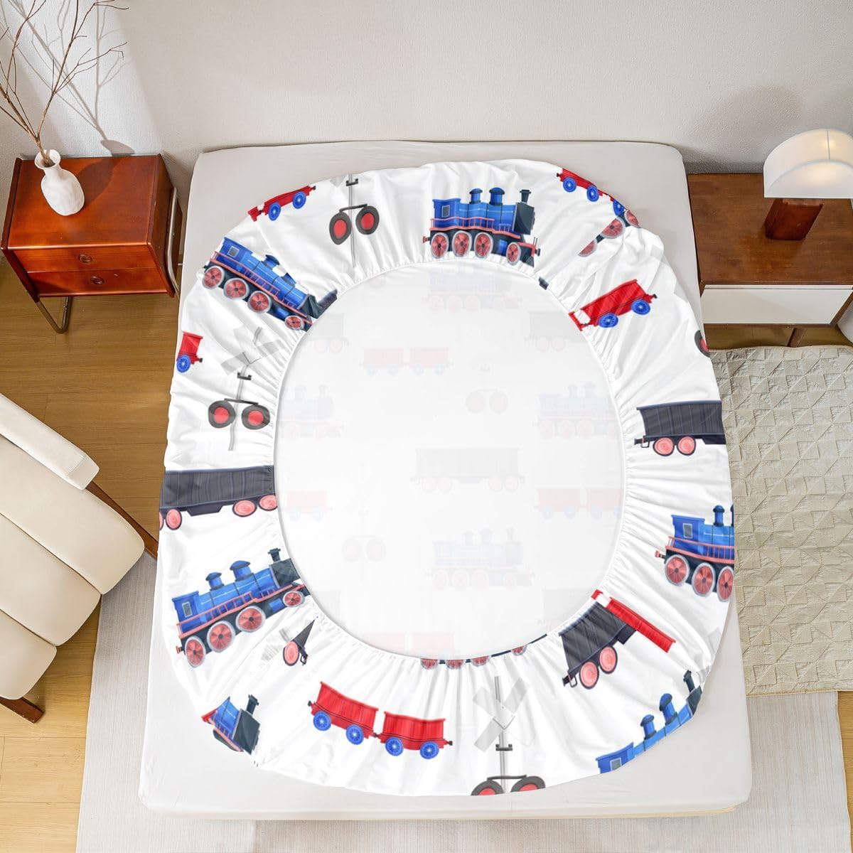 Erosebridal Cartoon Train Bed Sheets Red Blue Train Sheet Set for Boys Child,Kids Vehicles Fitted Sheet Kids Car Theme Bedroom Decor Twin Size