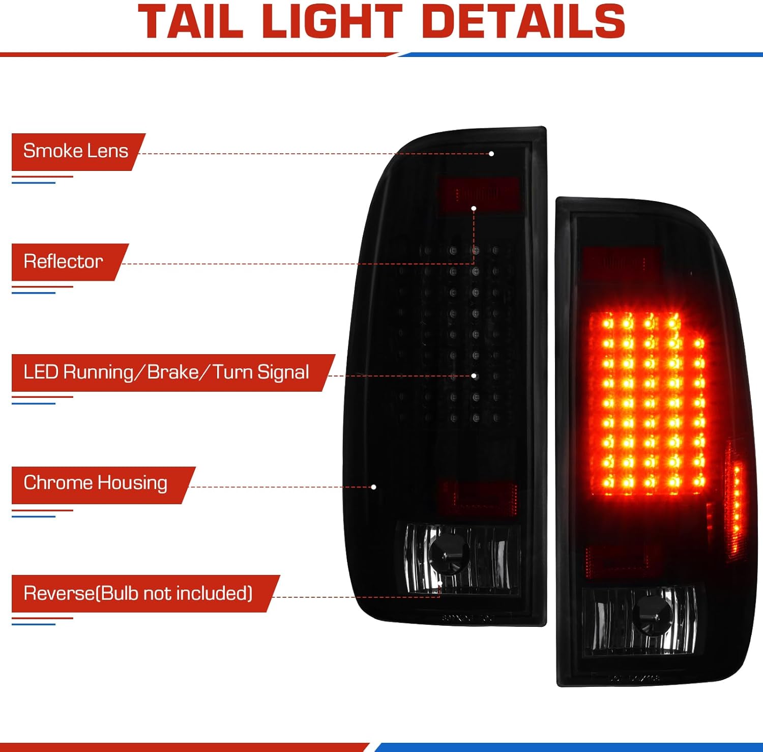(3 Pack) LED Tail Light Assembly+3rd Brake Light Fits for 1997-2003 Ford F150, 2004 F150 Heritage, Taillights w/High Mount Stop Light, Black Housing Smoke Lens, Only Fit Factory Incandescent Models