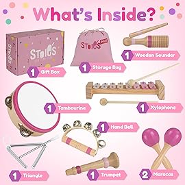 Stoie\'s Wooden Toddler Musical Instruments with Xylophone, Maracas, Triangle, Tamburine for Babies and Kids, Eco Friendly Montessori Educational Toy