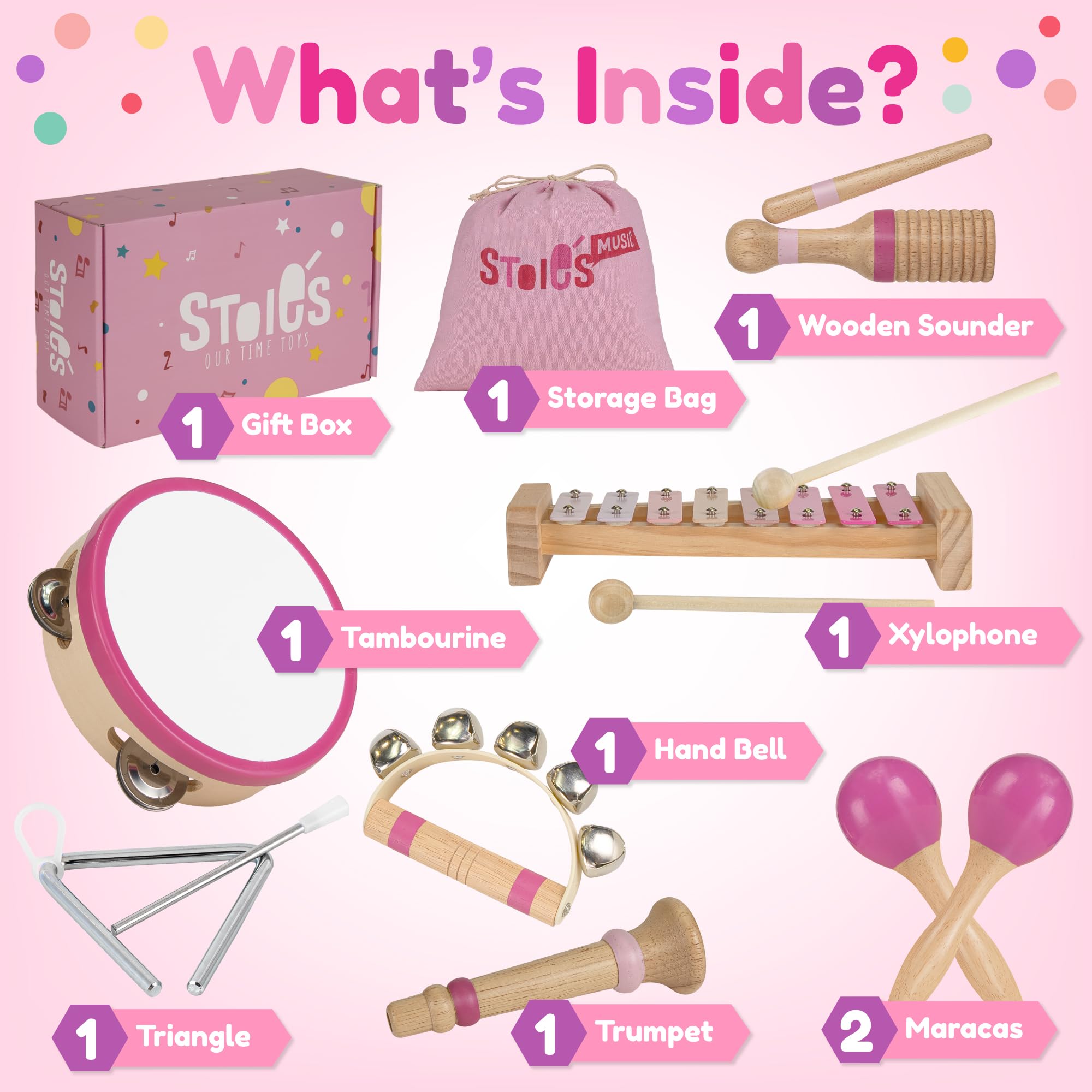 Stoie's Wooden Toddler Musical Instruments with Xylophone, Maracas, Triangle, Tamburine for Babies and Kids, Eco Friendly Montessori Educational Toy - 3