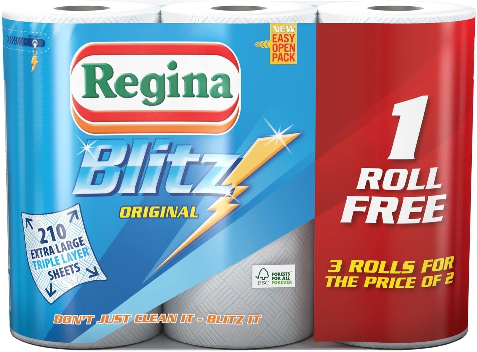 3 Rolls of Regina Blitz 3ply Kitchen Roll Paper Towels 70 Sheets Per