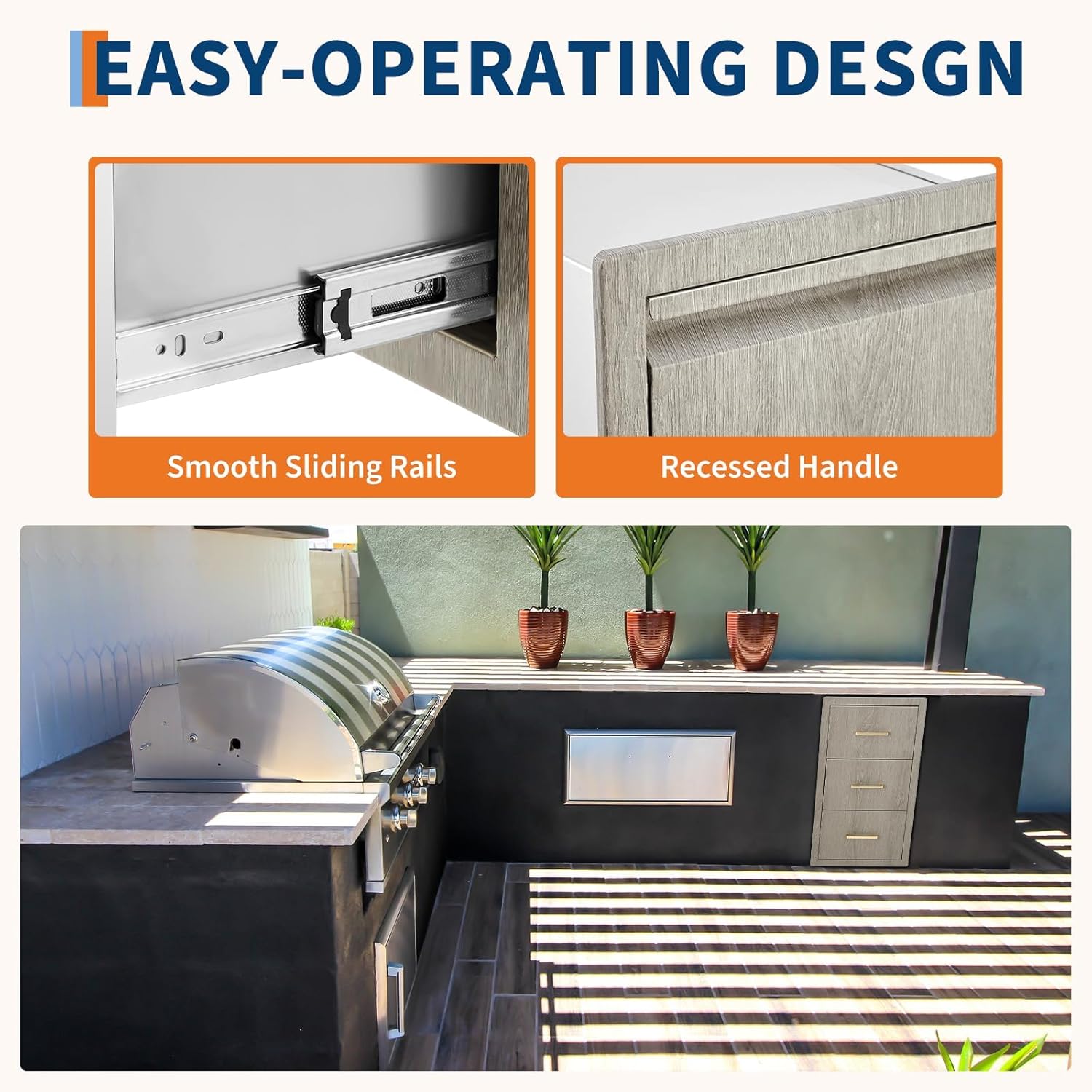 Outdoor Kitchen Drawers Stainless 3-Tier Stainless Steel BBQ, Triple Access Drawers with Handle Flush Mount for BBQ Island & Grill Station for BBQ Island Outdoor Kitchen