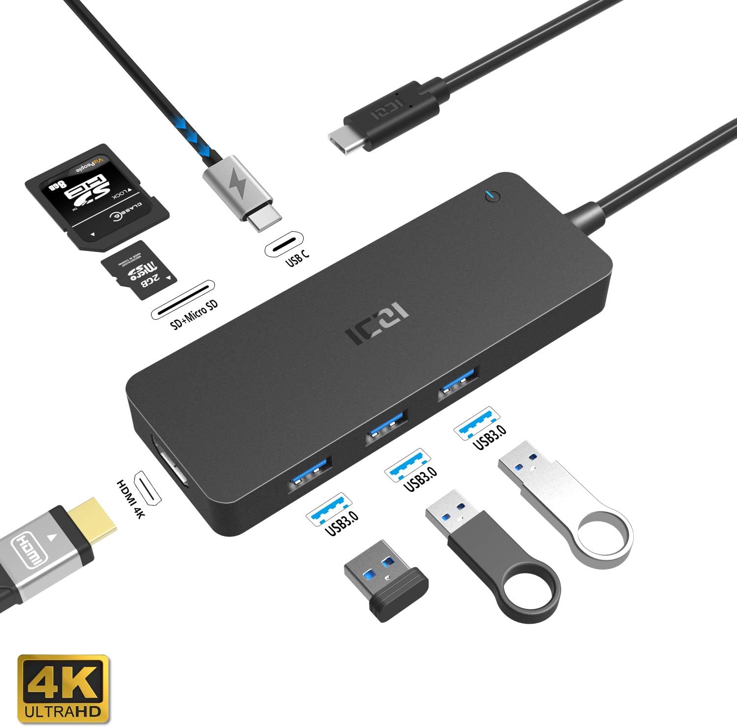 USB C Hub, ICZI 7 in 1Multiport Adapter with 4K HDMI, USB 3.0 Ports, PD Charging, SD/TF Card Reader for MacBook Pro, Surface Pro 7, XPS 13, iPad Pro, Mac, Type C Laptop Tablet