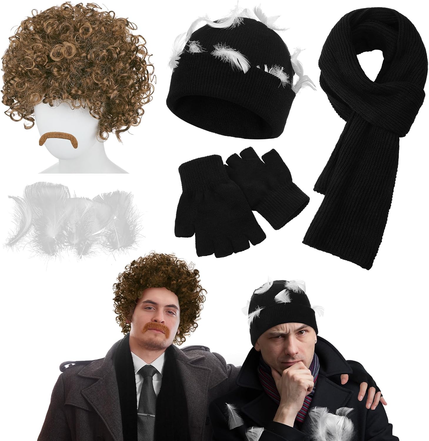 Mepase 6 Pcs Christmas Costume Funny Movie Costume Include Brown Afro Wig Fake Mustache Beanie Hat Scarf Gloves with White Feathers Bulk for Christmas Holiday Halloween Cosplay Party