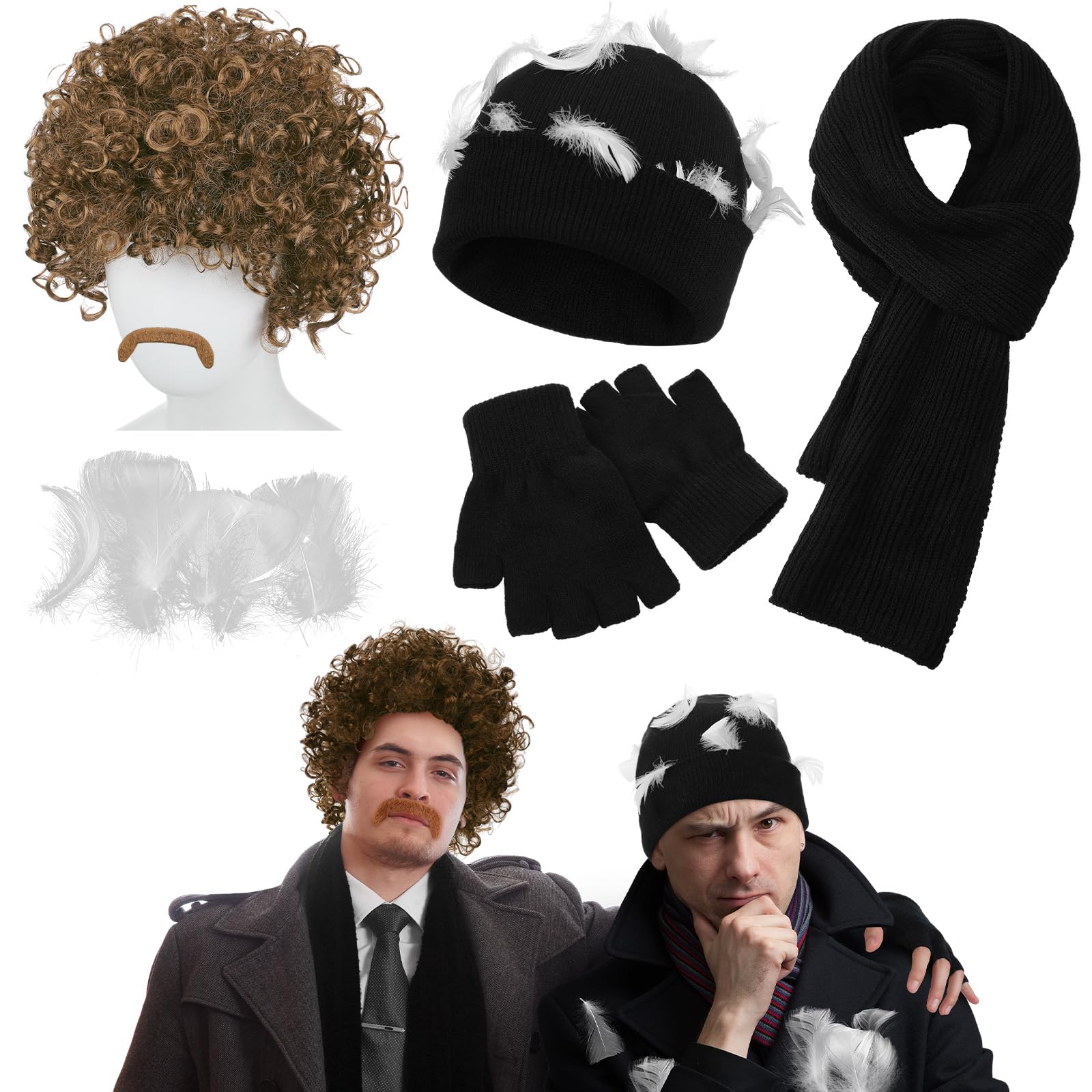 Mepase 6 Pcs Christmas Bandits Costume Funny Movie Costume Include Brown Afro Wig Fake Mustache Beanie Hat Scarf Gloves with White Feathers Bulk for Christmas Holiday Halloween Cosplay Party