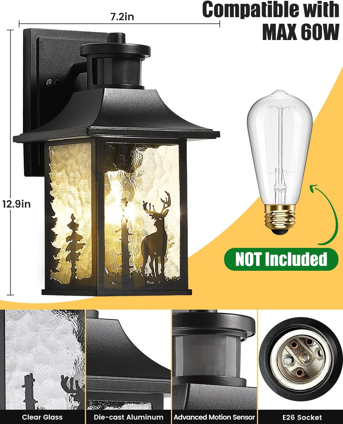 Motion Sensor Outdoor Wall Light Dusk to Dawn Porch Light Wall Mount Outdoor Light Fixture, Lantern Outdoor Wall Sconce Exterior Light for House Garage Entryway, Anti-Rust 100% Aluminum ETL Listed