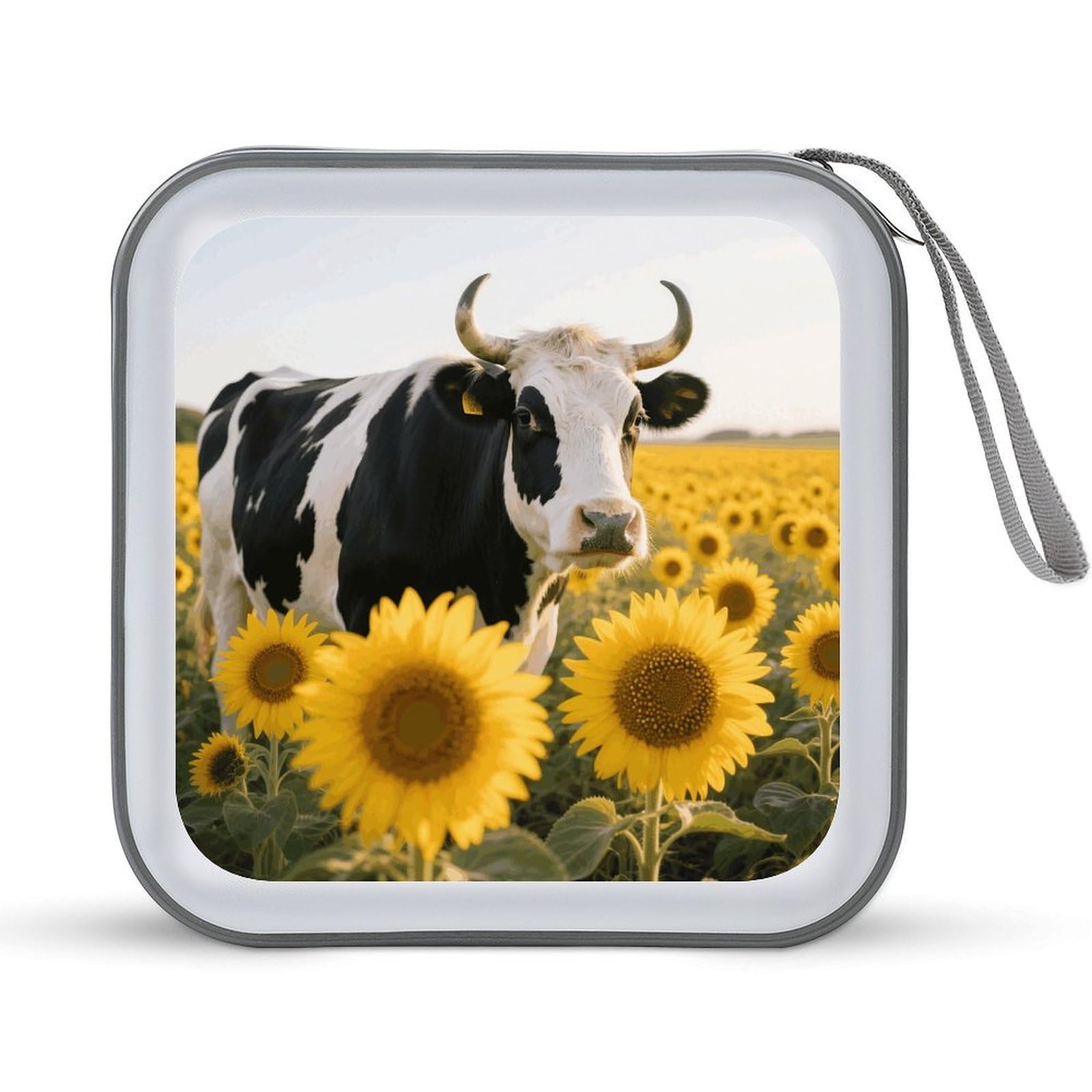 VstaDank Cow Sunflowers CD Case Portable Zipper CD Case 40 Capacity Hard Plastic DVD Cases Holder Large Storage Disc Wallet Bag for Car Home Travel DVD Collection Bag