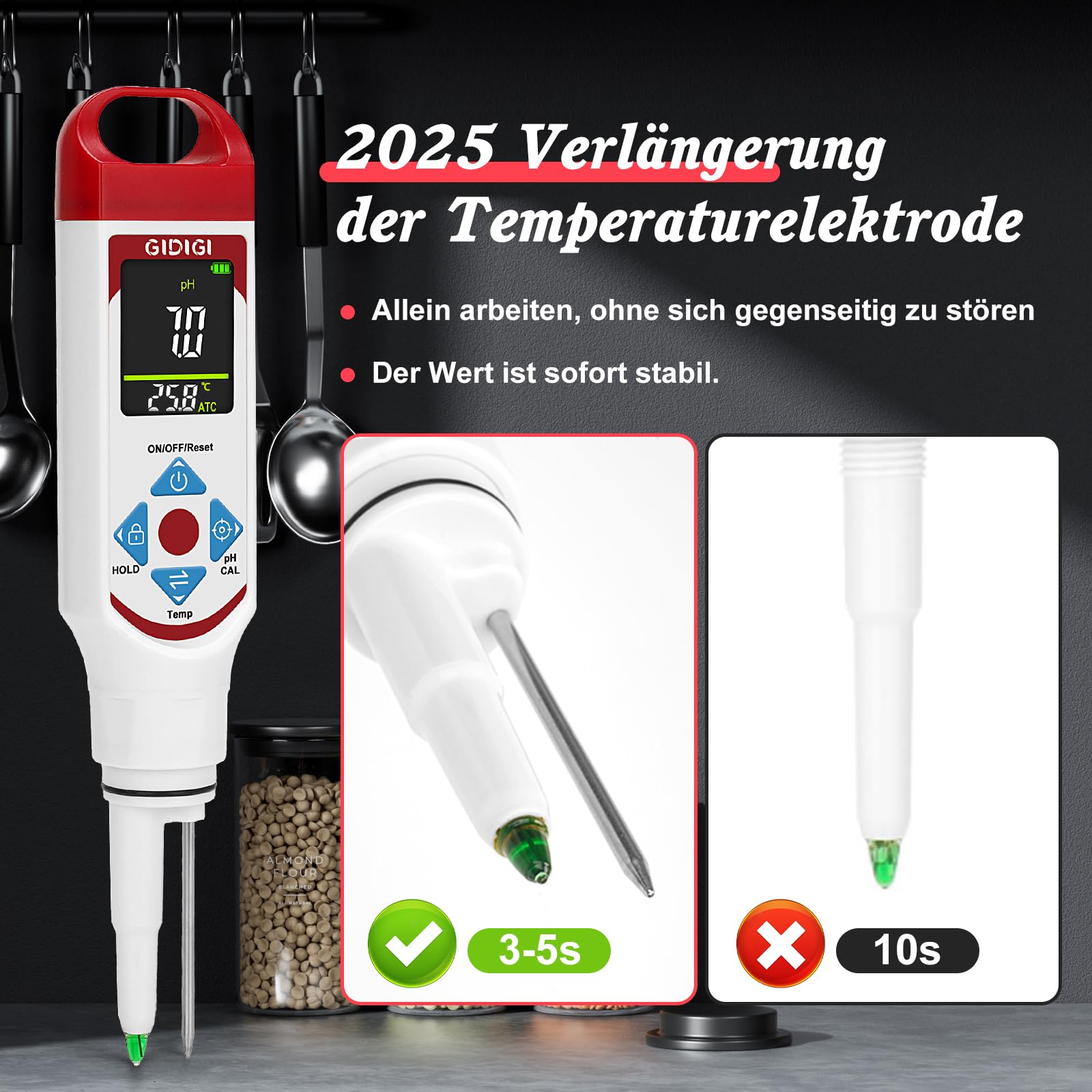 pH Messgerät für Lebensmittel zur Fermentation mit pH-Kalibrierungskits, Farbdisplay, Speerspitze, pH-Lebensmitteltester mit ATC für Kosmetika, Sauerteig, professionelle pH-Teststreifen