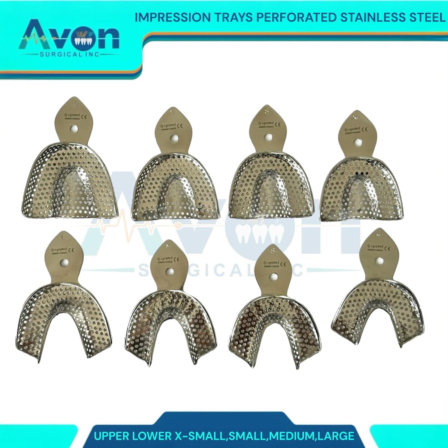 Dental Denture Impression Trays - Reusable Multi-Size Bundle Restorations Autoclave-Safe German Stainless Steel (XS,S,M,L - Perforated - 8PK) image 3
