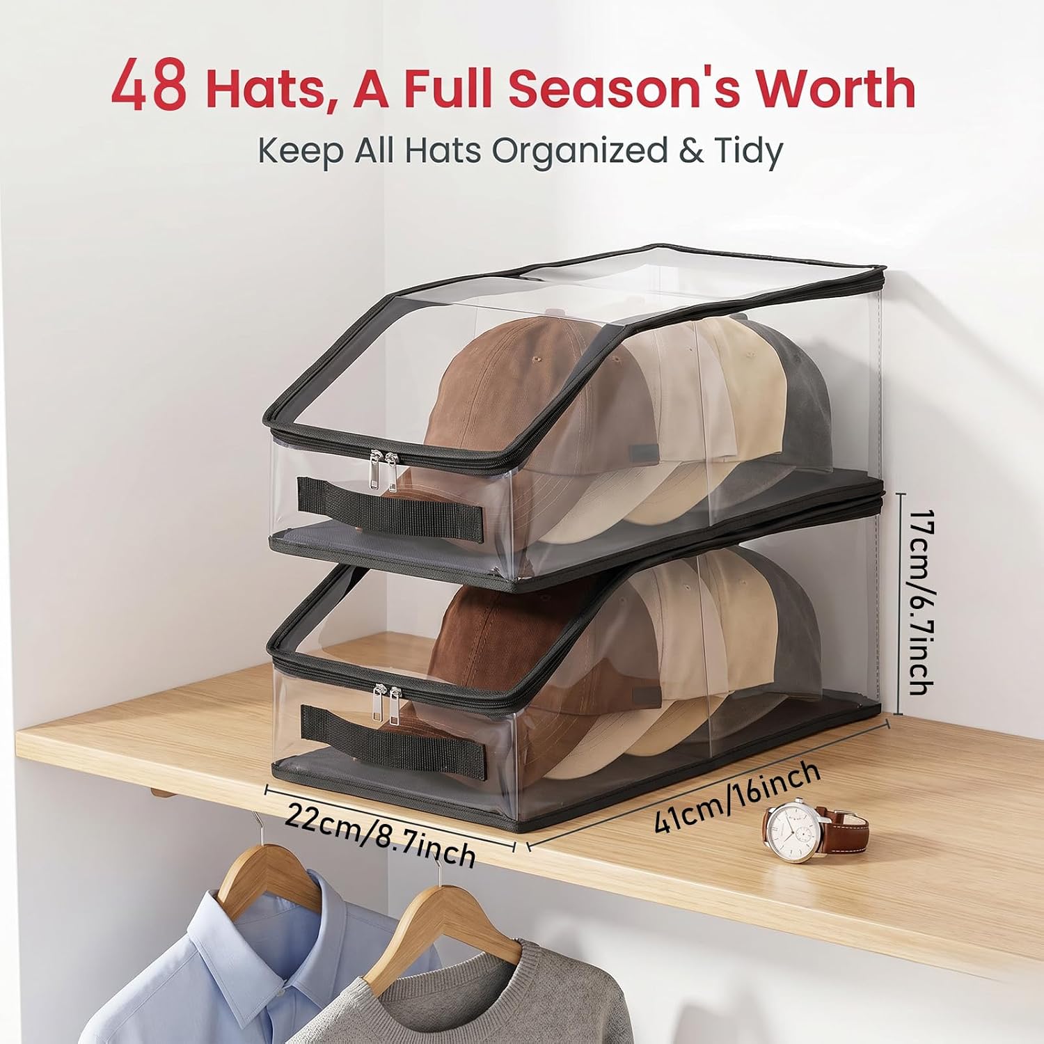 4 Pack Stackable Hat Storage Box for Baseball Caps Holds 48 Caps