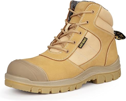 Mens Work Boots, Nubuck Leather Steel Toes Work Shoes, YKK Zipper, 6 Inch, SD, Anti-Puncture AT501, Wheat
